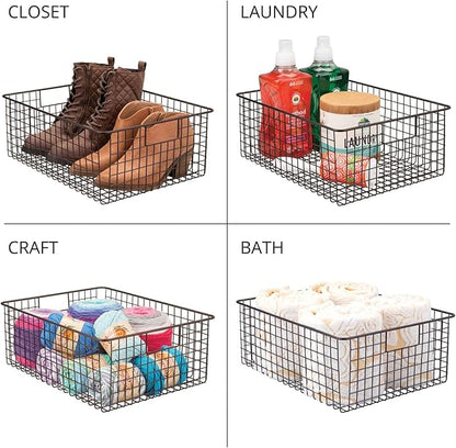 mDesign Metal Wire Food Storage Basket Organizer with Handles for Organizing Kitchen Cabinets, Pantry Shelf, Bathroom, Laundry Room, Closets, Garage - Concerto Collection - 2 Pack - Bronze