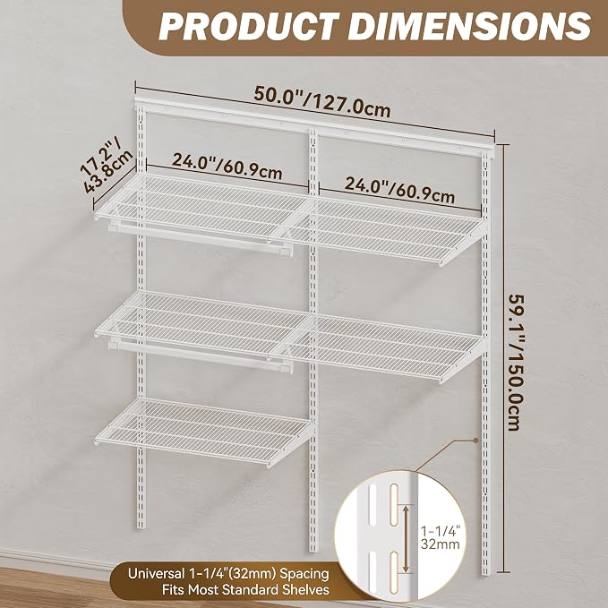 Closet System Wall Mounted 2-4 Ft, Heavy Duty Adjustable Wire Shelving with Hanging Rod, Custom Organizer Kit for Bedroom Laundry Mudroom, White