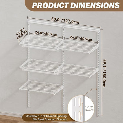 Closet System Wall Mounted 2-4 Ft, Heavy Duty Adjustable Wire Shelving with Hanging Rod, Custom Organizer Kit for Bedroom Laundry Mudroom, White