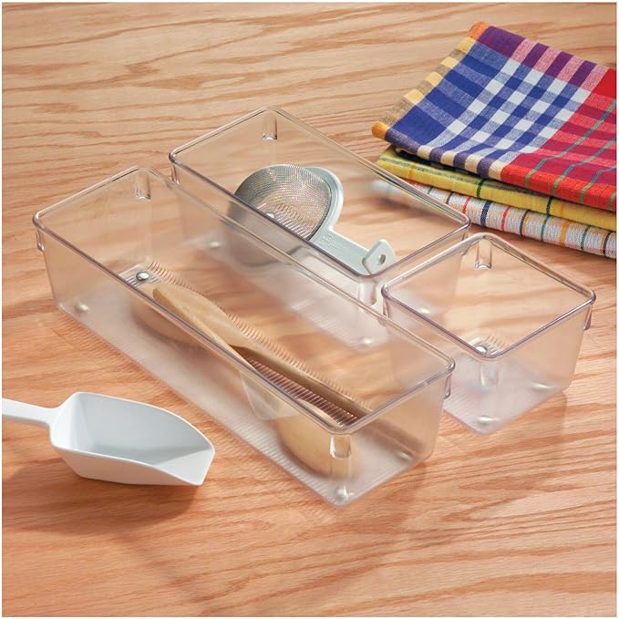 iDesign Plastic Drawer Organizer Bins - Storage for Kitchen, Bathroom, and Desk Drawers - Set of 3 - Clear