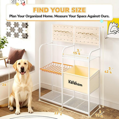 KAFAHOM Dog Toy Basket with Pegboard, Dogs Toy Bin with Storage Organizer, All-in-One Dog Stuff Box & Essential Holder, Perfect Basket for Dog Toys in Living Room, Great Gifts for Pet Lovers, White