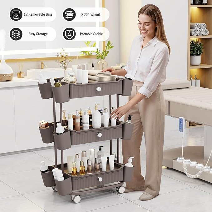 3 Tier Drawer Beauty Cart with 12 Movable Storage Organizer, Thickened ABS & 360° Wheels for Salon Station for Hair Stylist, Beauty Salon, Spa Massage Parlor, Makeup Organizer and More - Brown