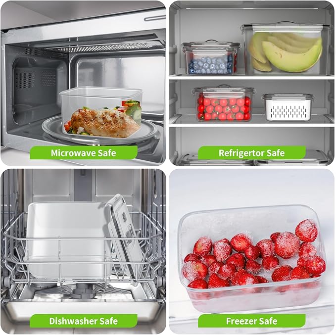 BOICHU Fruit Storage Containers for Fridge - 5 Size Berry Containers for Fridge Keep Fresh with Colanders and Vent Handle Lids, Clear Vegetable Storage Containers for Refrigerator, Lettuce Keeper