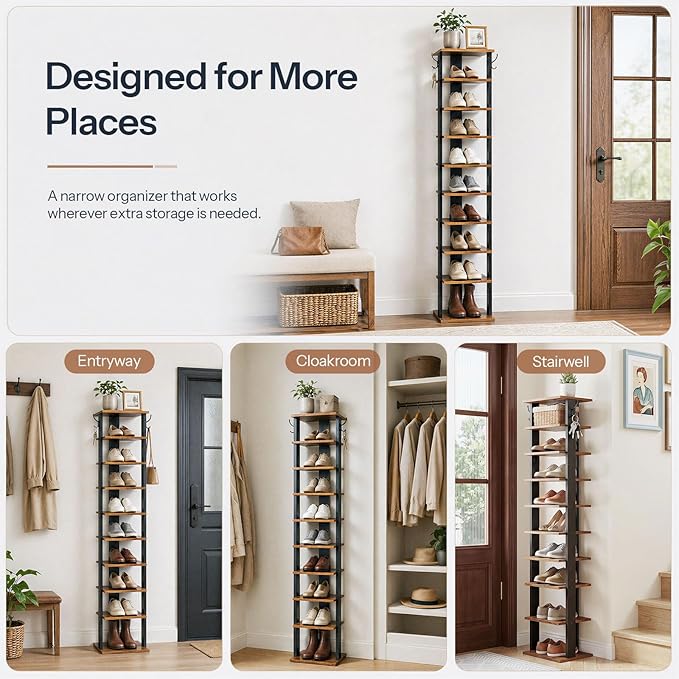 HOOBRO 10 Tiers Vertical Shoe Rack, Wooden Shoe Storage Organizer with Hooks, Narrow Shoe Tower for 10 Pairs, Space Saving, for Entryway, Living Room, Bedroom, Rustic Brown BF141XJ01