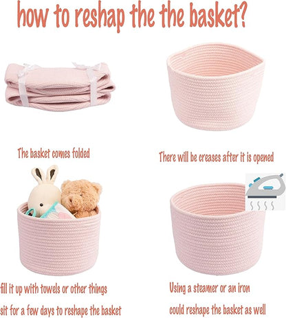 XUANGUO Woven Cotton Rope Storage Baskets - 3-Pack Round Bins (10x10x7'') for Shelves, Closets & Bookcases | Durable Rope Organizers for Nursery, Baby, Toys, Easter & More (pink)