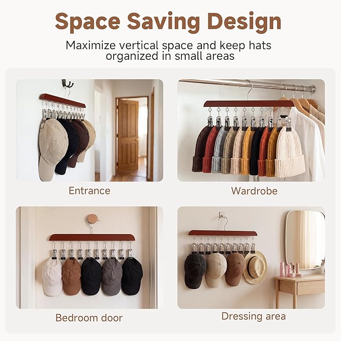 StorageWorks Hat Rack, Closet Organizer and Storage for Baseball Caps,Set of 2 with 10 Adjustable Stainless Steel Clips, Fits All Caps, Dark Cherry Color
