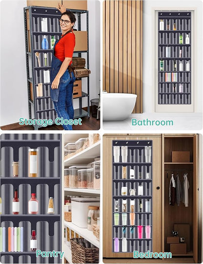 NiHome 35-Pocket Large Capacity Door Cup Organizer Fit for Stanley Tumblers 30/40oz, Door Hanging Water Bottle Storage, Double-Sided Tape Stabilizer, Waterproof Oxford Fabric, Transparent (Dark Gray)