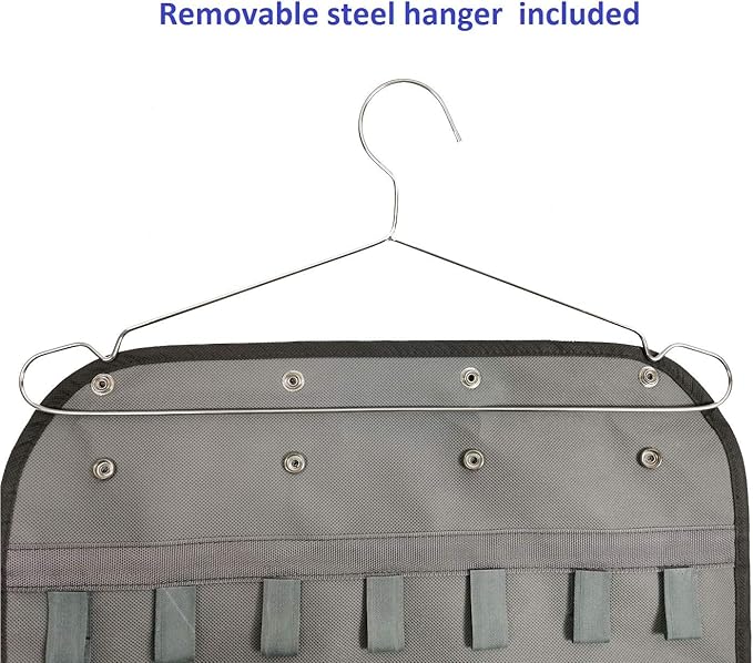 Zippered Jewelry Organizer Dual Sided Hanging with Hanger for Travel Home Closet Storage (28 Zippered Clear Pockets and 20 Tape Loops Grey)