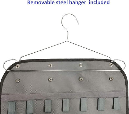Zippered Jewelry Organizer Dual Sided Hanging with Hanger for Travel Home Closet Storage (28 Zippered Clear Pockets and 20 Tape Loops Grey)