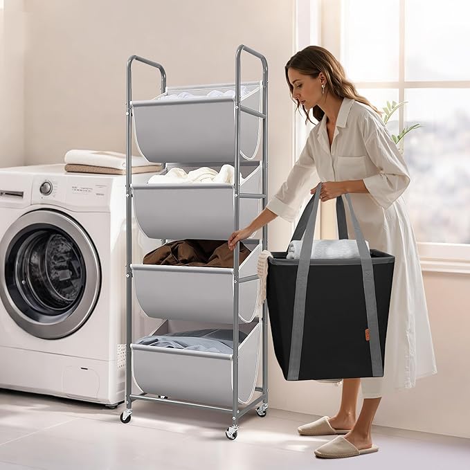 STORAGE MANIAC Vertical Rolling Laundry Hamper, 4 Section Laundry Sorter with Wheels and 2 Breaks, 4-tier Laundry Baskets for Small Space, Dorm, Laundry Room, Closet, Bathroom, Gray 4-tier