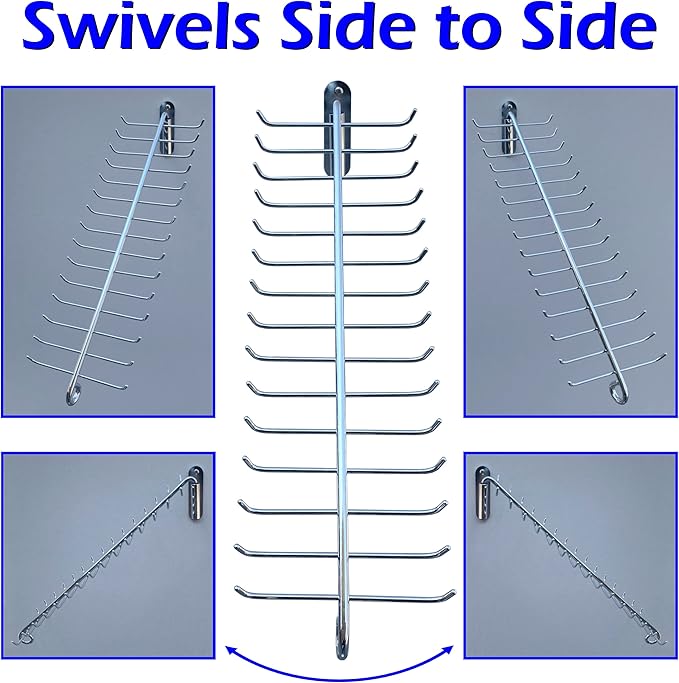 Swivel Tie Rack by WEEBAK, 30 Oversized Hooks, Men's or Women's Ties, Belts, and Scarfs Closet Accessory Organizer, Wall Mounted with provided Chrome Screws, Durable Metal, Chrome