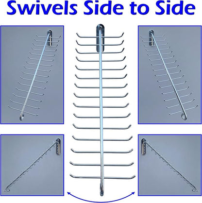 Swivel Tie Rack by WEEBAK, 30 Oversized Hooks, Men's or Women's Ties, Belts, and Scarfs Closet Accessory Organizer, Wall Mounted with provided Chrome Screws, Durable Metal, Chrome