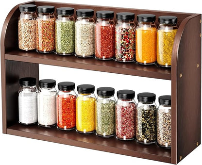 ROMGUAR CRAFT 2 Tier Bamboo Spice Rack, Countertop or Wall Mounting Wood Spice Jars Organizer Shelf for Kitche, Pantry (Brown)