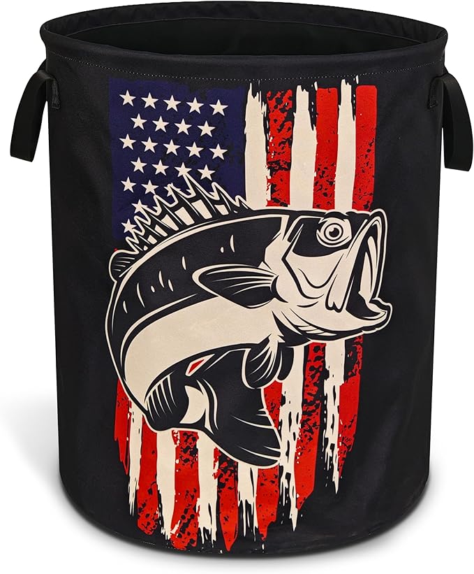 American Flag Bass Fish Laundry Basket Bass Fishing Foldable Oxford Cloth Funny Tote Bag Laundry Hamper Clothes Storage Bucket Organizer For Bathroom/Laundry Storage/Bedroom 17.7x13.7