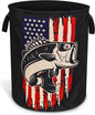 American Flag Bass Fish Laundry Basket Bass Fishing Foldable Oxford Cloth Funny Tote Bag Laundry Hamper Clothes Storage Bucket Organizer For Bathroom/Laundry Storage/Bedroom 17.7x13.7