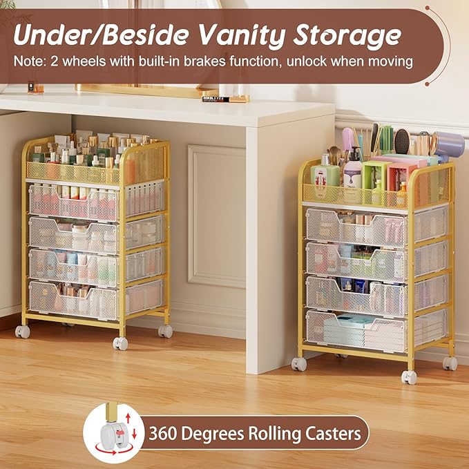 Hongtamoya Makeup Cart Organizer with 4 Drawers, Large Floor Skincare Organizers, Vanity Storage Organizer Cosmetics Display Cases for Skin Care Perfume Nail Polish, Gold