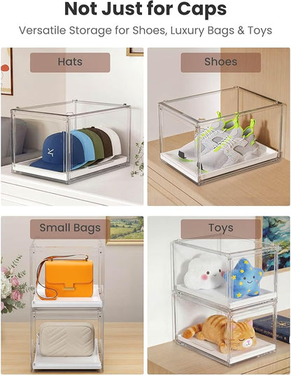 OKPOW Hat Organizer for Baseball Caps: 2 Pack Stackable Clear Display Box with Slide Drawer & Magnetic Door – Holds up to 16 Caps, Dust-Free, Tool-Free Assembly
