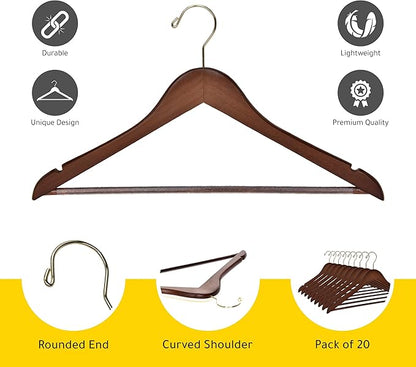 Quality Wooden Hangers - Slightly Curved Hanger 20-Pack Sets - Solid Wood Coat Hangers with Stylish Chrome Hooks - Heavy-Duty Clothes, Jacket, Shirt, Pants, Suit Hangers Walnut - Gold Hook