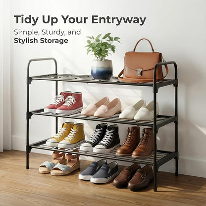 3-Tler Shoe Rack Organlzer, Rustproof lron, Spaclous Shoe Storage Shelf for Closet or Entryway, Fits Sneakers & Slippers, Black