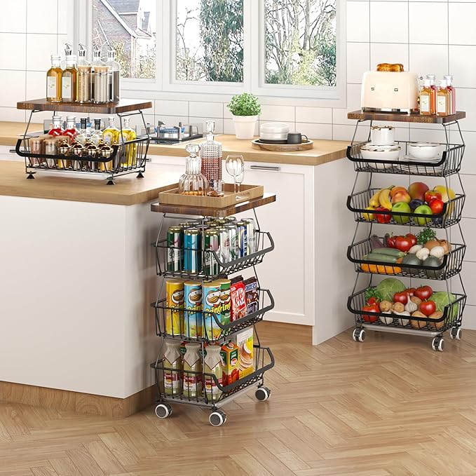 CHLORYARD Fruit Basket with Wooden Lid for Kitchen, 5-Tier Stackable Wire Fruit Vegetable Storage Basket Organizer Stand on Wheel, Produce Basket Potato Onion Storage Bins Rack Cart for Pantry