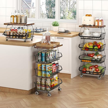 CHLORYARD Fruit Basket with Wooden Lid for Kitchen, 5-Tier Stackable Wire Fruit Vegetable Storage Basket Organizer Stand on Wheel, Produce Basket Potato Onion Storage Bins Rack Cart for Pantry