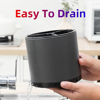 LIBODOUR Silverware Organizer Kitchen Utensil Holder 360°Rotating For Counter Organizer Stainless Steel Storage Silverware Caddy 3 Compartment Flatware Spoon Spatula Tool Cutlery Container(Grey)