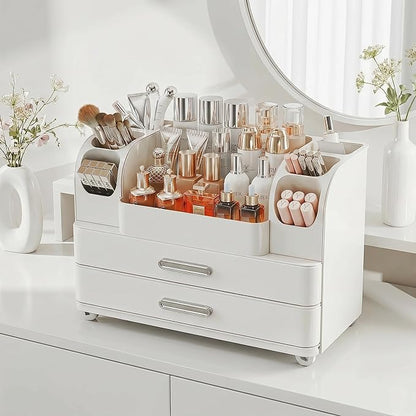 Makeup Organizer with 2 Drawers, Cosmetic Display Case, Storage Holder for Vanity, Bathroom Counter, Desk, Beauty Supplies (All White)