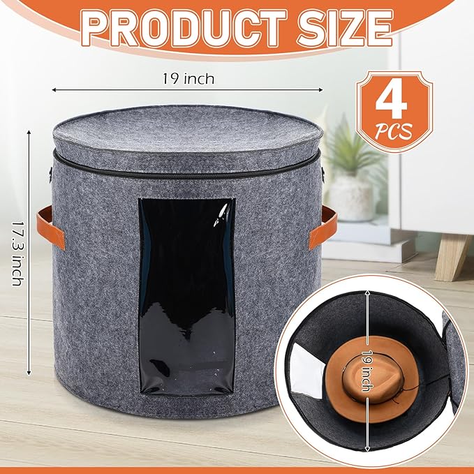 Suzile 4 Pcs Hat Boxes Oversized Round Cowboy Hat Storage Box for Women Men 19" x 17" Cowboy Large Felt Organizer Bag Baseball Cap Container with Dustproof Lid for Clothes Case Travel Gift(Gray)