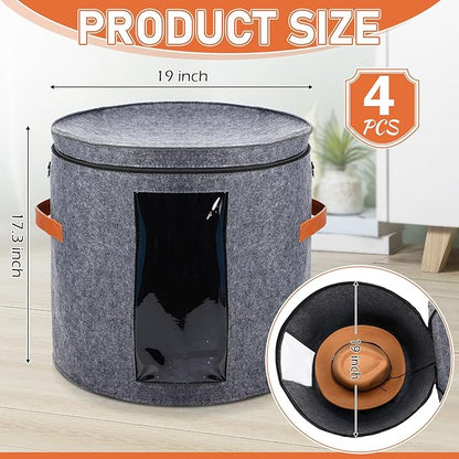 Suzile 4 Pcs Hat Boxes Oversized Round Cowboy Hat Storage Box for Women Men 19" x 17" Cowboy Large Felt Organizer Bag Baseball Cap Container with Dustproof Lid for Clothes Case Travel Gift(Gray)