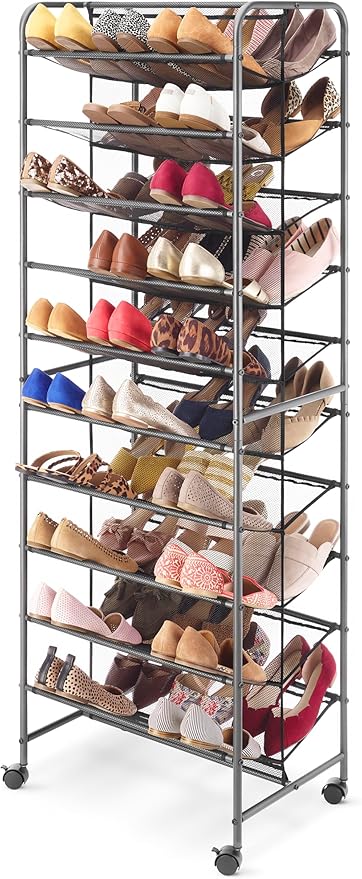 Whitmor 10 Tier Double-Sided Shoe Cart with Lockable Wheels, Gunmetal Rolling Shoe Organizer with Patented Mesh Back, Freestanding Storage for Garage, Bedroom, or Closet, 17" W×24.6" L×63.78" H