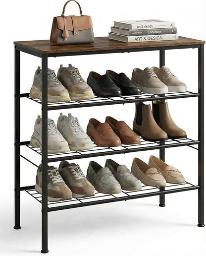 4-Tier Shoe Rack for Entryway, Bedroom & Living Room – Sturdy Shoe Storage Organizer with Adjustable Leveling Feet, Compact Design (26.9”x11.8”x25.1”), Rustic Brown