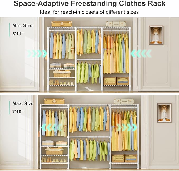SEMHOR E06 Expandable Heavy Duty Clothes Rack for Reach-in Closet, Freestanding Clothing Racks with Shelves, Carbon Steel Closet Organizer System Adjustable from 70.8-93.9", Max Load 800LBS, White
