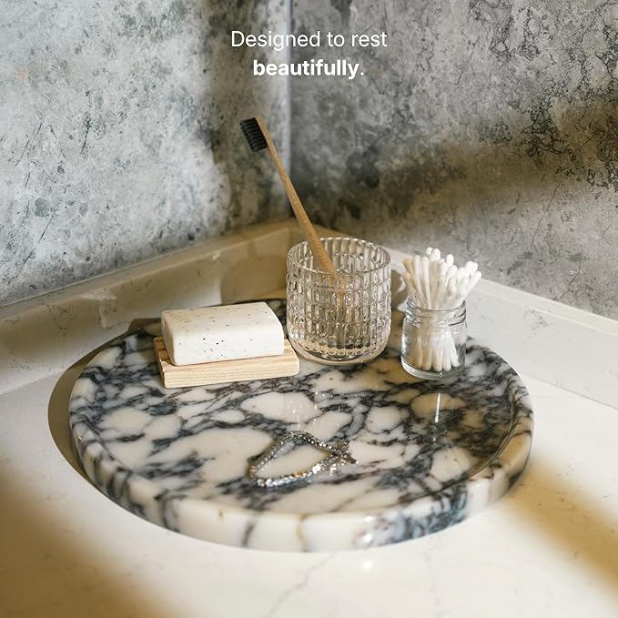Calacatta Viola Marble Tray, Elegant Natural Stone, Round Marble Decorative Tray for Vanity, Bathroom, Kitchen and Home Decor, Premium Packaging, Large (11.5"), 5 lbs