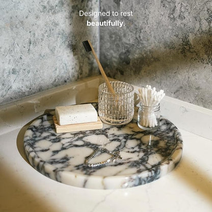 Calacatta Viola Marble Tray, Elegant Natural Stone, Round Marble Decorative Tray for Vanity, Bathroom, Kitchen and Home Decor, Premium Packaging, Large (11.5"), 5 lbs