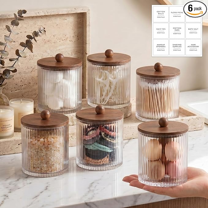 Yaomiao 6 Pcs Ribbed Bathroom Canisters Apothecary Jars with Brown Bamboo Lids and Label Stickers, 18 oz Plastic Canister with Fluted Design for Cotton Ball, Swab, Floss Picks House Storage