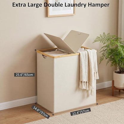efluky Laundry Hamper with Lid, Double Laundry Basket with 2 Removable Bags, 2 Section Laundry Bin with Bamboo Handles for Bathroom, Bedroom & Laundry Room, 140L (36.9 Gallon) Beige