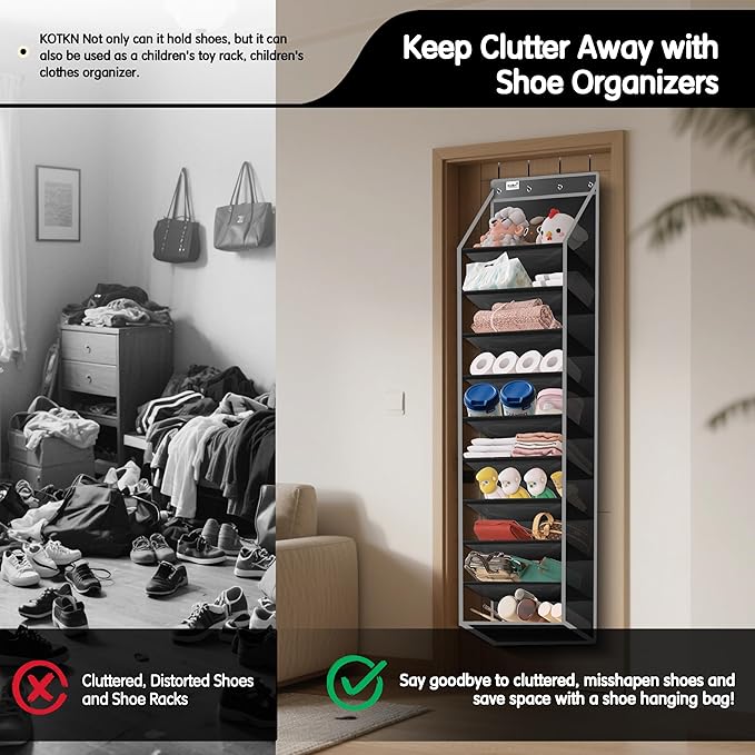 Kotkn 10 Tier Over The Door Organizer - Heavy Duty Hanging Storage Rack with Sturdy Oxford Fabric, Holds 20+ Pairs of Footwear, Boots & Sneakers, Saves 50% Closet Space (Black)