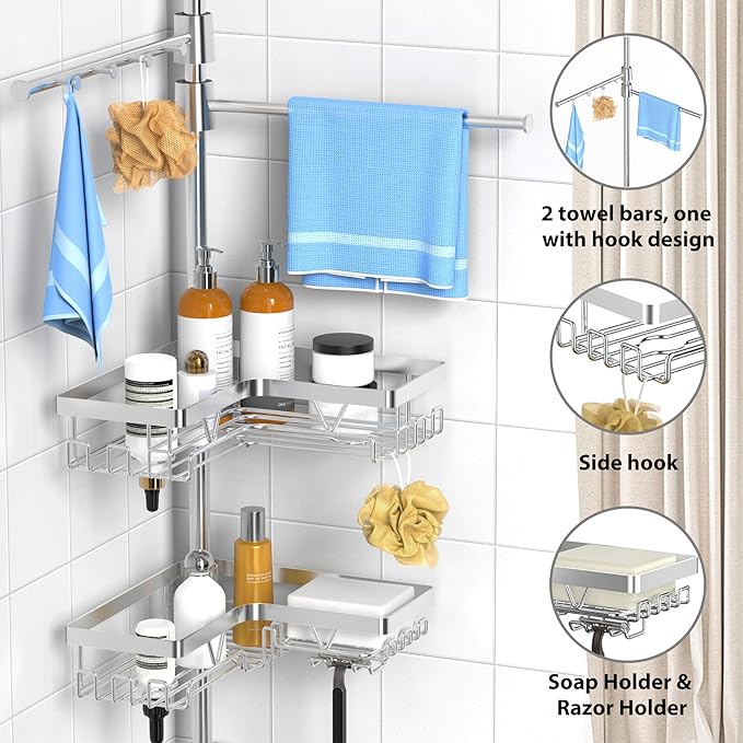 KEGII Shower Caddy Tension Pole with 2 Towel Bars, Adjustable Corner Bathroom Organizer, Rustproof Bathtub Storage Shelves for Shampoo, 25–114.2 Inch Shower Rack for Renters & Family, Silver
