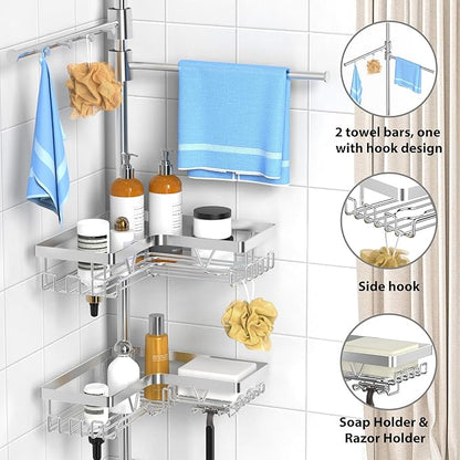 KEGII Shower Caddy Tension Pole with 2 Towel Bars, Adjustable Corner Bathroom Organizer, Rustproof Bathtub Storage Shelves for Shampoo, 25–114.2 Inch Shower Rack for Renters & Family, Silver