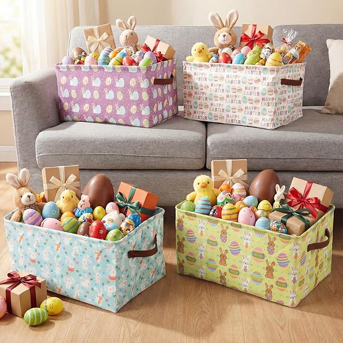 Boao 4 Pack Easter Storage Baskets for Gifts Empty Collapsible Laundry Storage Bins with Handles Foldable Boxes for Home Bedroom Office Holiday Toy Clothes Containers