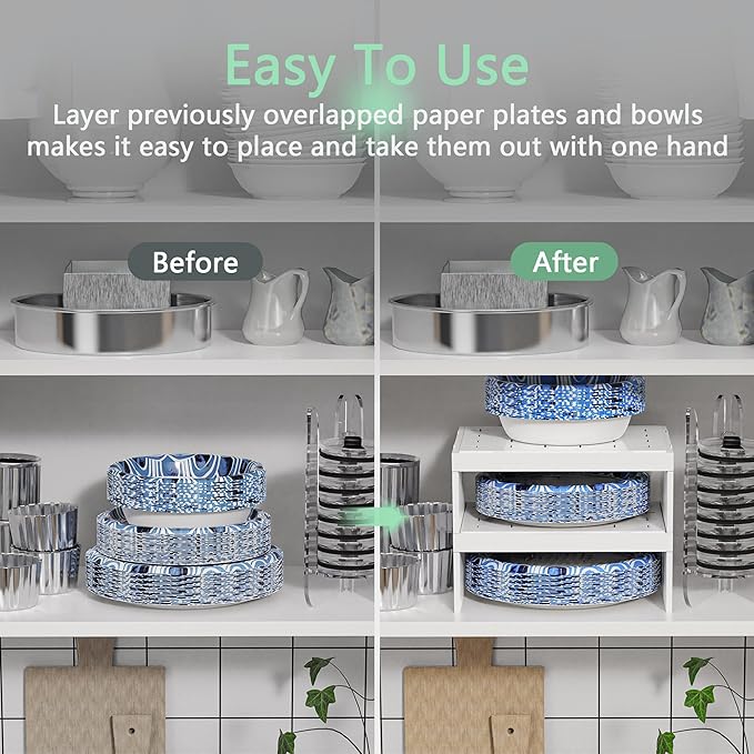 Paper Plate Dispenser and Paper Bowl Dispenser, Space-Saving Plastic, Foam, Disposable Plate and Bowl Organizer, Set of 2 Stackable Kitchen Organizer for Cabinet, Countertop, Shelf (White)