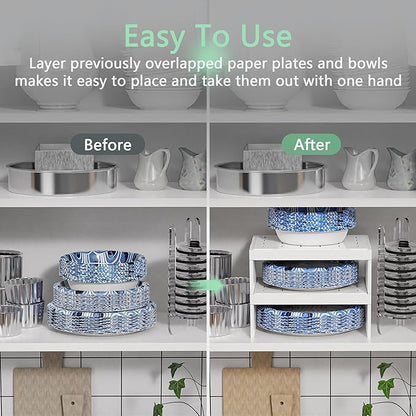 Paper Plate Dispenser and Paper Bowl Dispenser, Space-Saving Plastic, Foam, Disposable Plate and Bowl Organizer, Set of 2 Stackable Kitchen Organizer for Cabinet, Countertop, Shelf (White)