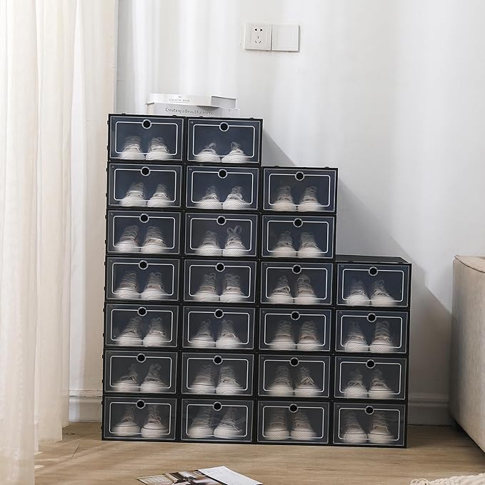 24 Pack Shoe Boxes, Plastic Shoe Organizer Foldable Shoes Storage Box Stackable Shoes Storage Organizer Transparent Organize Shelves with Lid for Storing Sneakers Flats Slippers