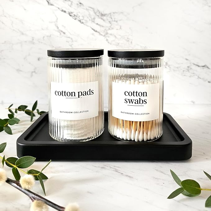 Mason & Fable Ribbed Glass Bathroom Jars & Tray Set | 10 fl oz, Set of 2 Storage Canister with Airtight Black Bamboo Lids | Cotton Pad/Swab/Q tip Holder/Bath Salt/Clear Vanity Apothecary Organizer