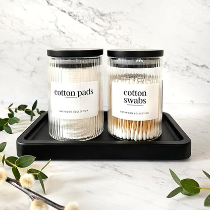Mason & Fable Ribbed Glass Bathroom Jars & Tray Set | 10 fl oz, Set of 2 Storage Canister with Airtight Black Bamboo Lids | Cotton Pad/Swab/Q tip Holder/Bath Salt/Clear Vanity Apothecary Organizer