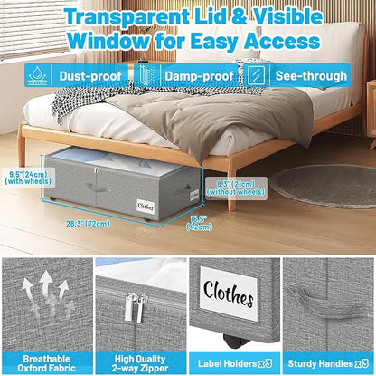 Under Bed Storage with Wheels, 2-Pack 10" Height XXL 75L Rolling Storage Bins, Quick Assembly Underbed Shoe Storage Containers with Clear Lid & Label, Dorm Under Bed Drawers for Clothes, Shoes, Grey