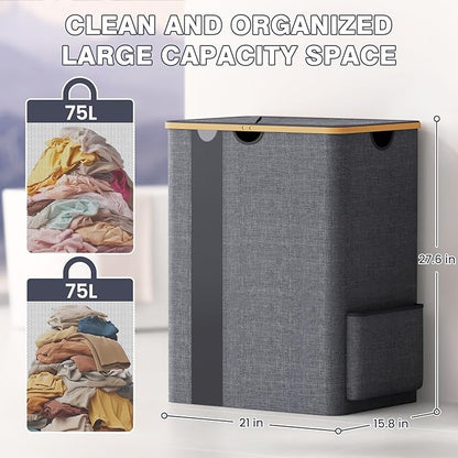 BlissTotes Laundry Basket with Lid, 150L Clothes Laundry Hamper with Handles and 2 Removable Laundry Bag, Breathable Design Hamper with Lid for Bedroom, Bathroom, Dorm, Laundry Room - Light Grey