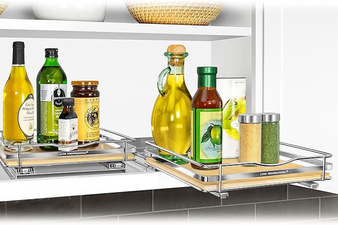 LYNK PROFESSIONAL® Élite™ Pull Out Spice Organization for Cabinets - 10-3/8 inch Wide – Spice Rack for Inside Cabinets – Wood/Chrome - Sliding Spice Rack Organizer for cabinet – Spice Rack - 1 Tier