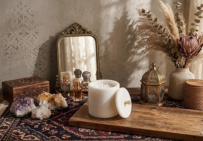 Real White Marble Qtip Holder with Lid and Copper Knob – Round Cotton Swab Container for Bathroom Vanity – Natural Stone Organizer with Rubber Feet – 4.3" Dia x 5.3" H (11 x 13.5 cm), 3.3 lbs