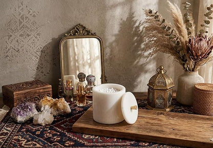 Real White Marble Qtip Holder with Lid and Copper Knob – Round Cotton Swab Container for Bathroom Vanity – Natural Stone Organizer with Rubber Feet – 4.3" Dia x 5.3" H (11 x 13.5 cm), 3.3 lbs